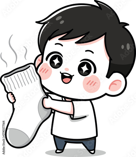 Cute boy sniffing a smelly sock with stars in his eyes