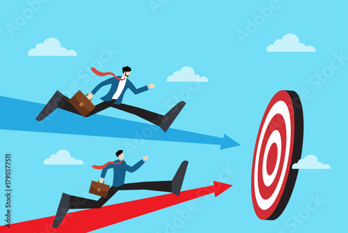 Vector illustration of two businessmen running on red and blue arrows toward a target. Represents ambition, competition, focus, and determination to reach success in the modern business world.