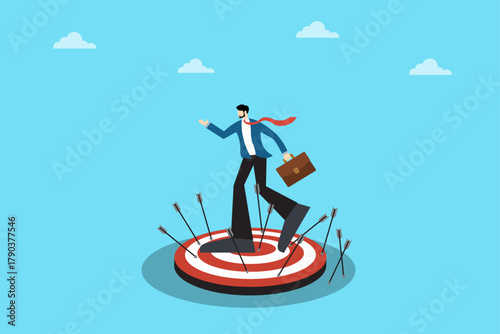Vector illustration of a businessman walking confidently on a red and white target with arrows around it. Represents focus, perseverance, and strategic determination in achieving professional goals.