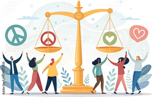 Equality and Justice Concept – Diverse People Holding Balance Scale and Peace Symbol Vector