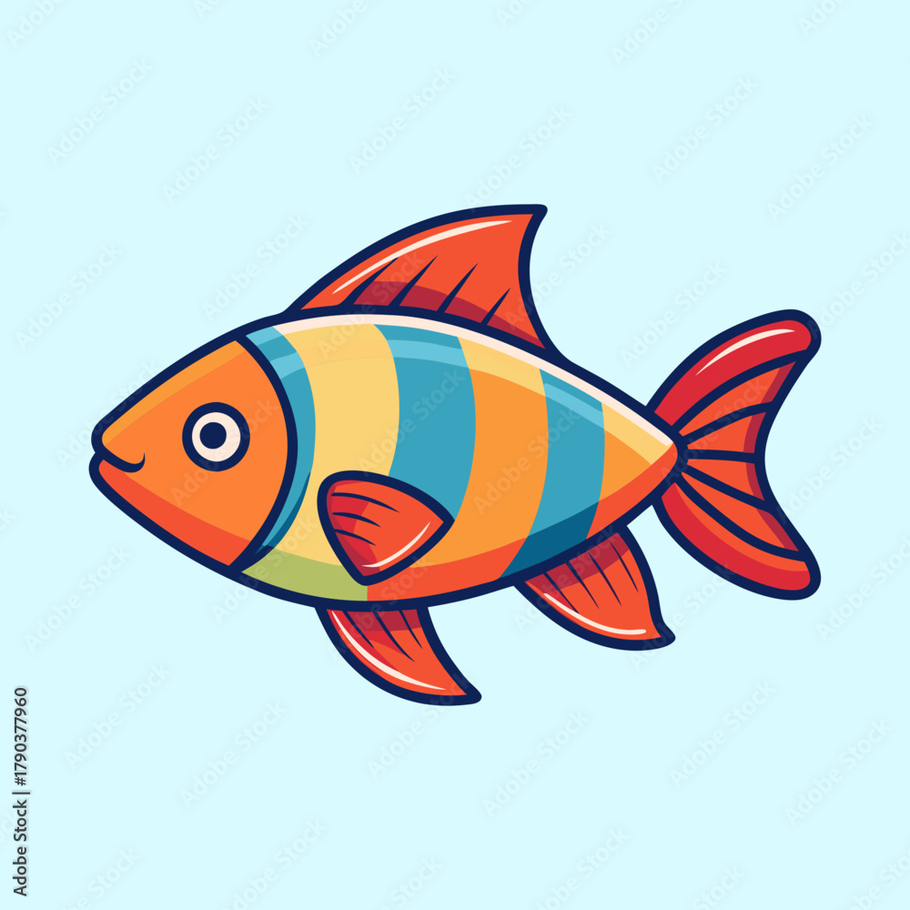 Obraz premium Cartoon Fish with Orange Head and Colorful Stripes Illustration on light blue