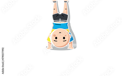 Cute cartoon child doing a handstand on a line