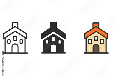 Minimalist Guild Icons. Minimalist guild hall icon: three identical fantasy guild halls in a row, first in line style with thin