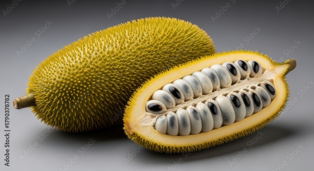 Naklejka premium Spiky yellow fruit with unique white and black seeds on gray background