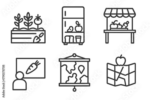 Neighborhood Food Icons. Line style icons of neighborhood food initiatives: shared garden plot, community fridge, food hub station