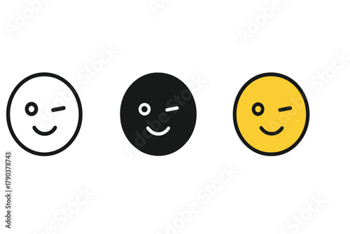 Winking Face Trio. Minimalist wink icon: three identical faces with one eye winking in a row, first in line style with thin