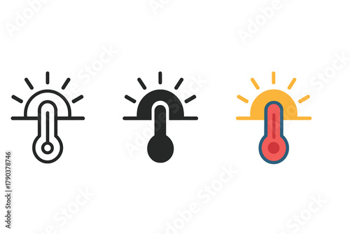 Sunrise Temperature Icons. Minimalist sunrise temperature icon: three identical sun rising behind thermometer icons in a row,