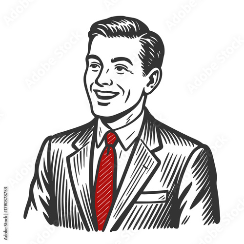 smiling businessman in a suit and red tie sketch engraving generative ai fictional character vector illustration. Scratch board imitation. Black and white image.