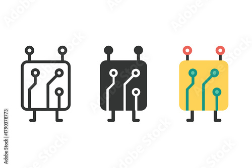 Robot Circuit Board Styles. Minimalist circuit board icon: three identical robot circuit boards in a row, first in line style with