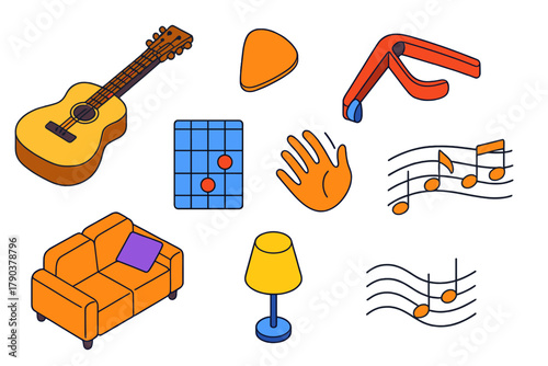 Sound Therapy Essentials. Isometric vector illustration set Sound therapy – acoustic guitar, soft pick, capo; chord diagram, strum