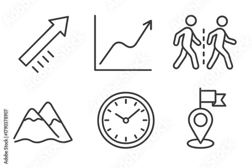 Ultra-Marathon Strategy Icons. Line style icons of ultra-marathon strategy: pacing plan arrow, negative split icon, walk-run