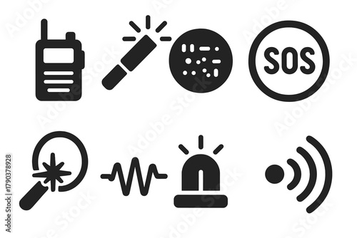 Crisis Communication Icons. Solid style icons of communication during crisis: walkie-talkie glyph, signal flare icon, coded