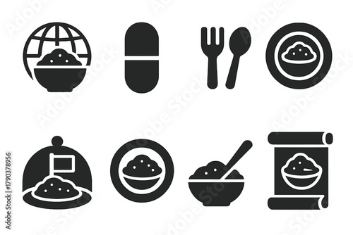 Cultural Food Capsules. Solid style icons of cultural food capsules: ethnic dish globe, regional capsule icon, culinary identity