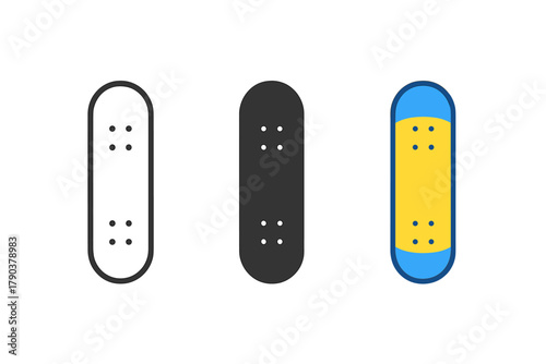 Skateboard Deck Styles. Minimalist skateboard deck icon: three identical skateboard decks in a row, first in line style with thin