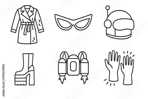 Retro-Futuristic Fashion Icons. Line style icons of retro-futuristic fashion mods: metallic trench coat, cat-eye visor goggles,