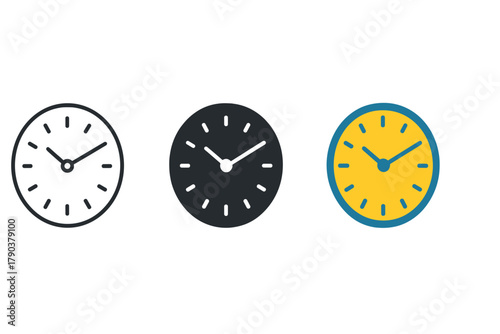Minimalist Clock Icons. Minimalist clock icon: three identical station clock icons in a row, first in line style with thin outline