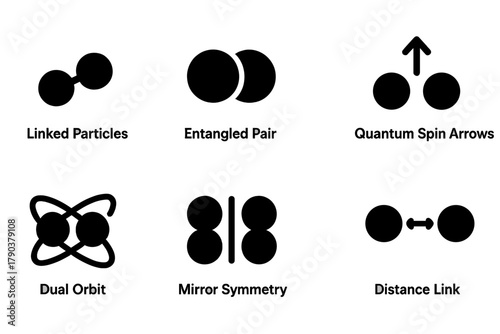 Quantum Entanglement Icons. Solid style icons of quantum entanglement elements: Linked Particles, Entangled Pair, Dotted Line