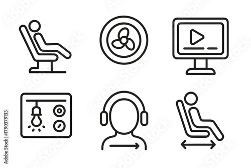 Capsule Comfort Icons. Line style icons of capsule comfort options: reclining seat layout, personal air vent, seat screen