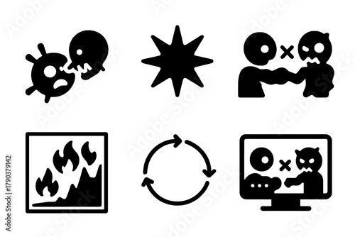 Immune System Icons. Solid style icons of immune system reactions: immune cell attacking zombie cell, inflammation flare badge,