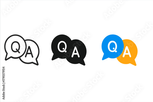Minimalist Q&A Icons. Minimalist Q&A session icon: three identical question and answer icons in a row, first in line style with