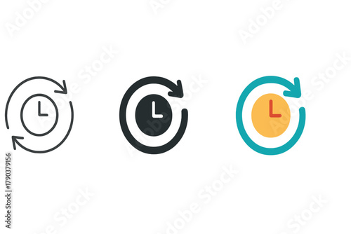 Time Icon Variations. Minimalist time repeat icon: three identical circular arrows around a small clock face in a row, first in
