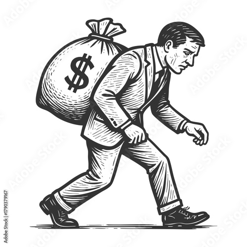 tired businessman hunched over while carrying a heavy sack of money, symbolizing financial pressure or debt sketch engraving generative ai fictional character vector. Scratch board. Black and white.