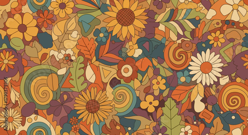 Foto Retro floral pattern with sunflowers, daisies, leaves, and abstract shapes in warm, earthy tones