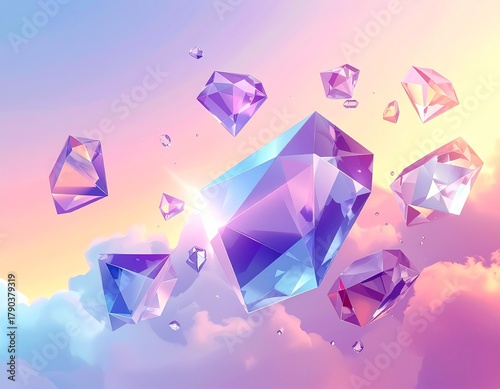 Abstract floating crystal polygons with pastel mist and subtle light reflections