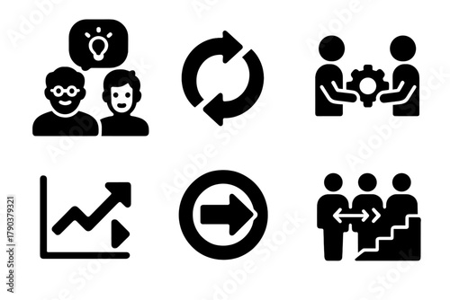 Intergenerational Knowledge Exchange. Solid style icons of generational intelligence sharing: boomer + gen z icon, inter-gen