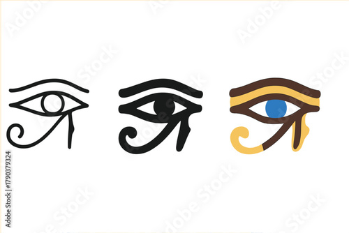 Varied Eye of Horus. Minimalist eye of horus icon: three identical Eye of Horus icons in a row, first in line style with thin