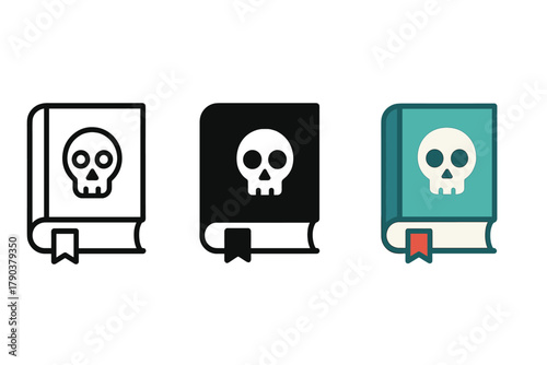 Minimalist Spellbook Trio. Minimalist haunted book icon: three identical spellbook icons in a row, first in line style with thin