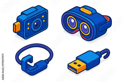 VR Gaming Setup Icons. Isometric vector illustration set VR gaming setup – eye-tracking module, pupil sensor, IR LEDs; lenses