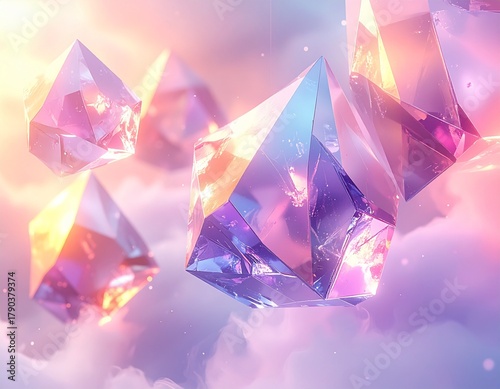 Abstract floating crystal polygons with pastel mist and subtle light reflections