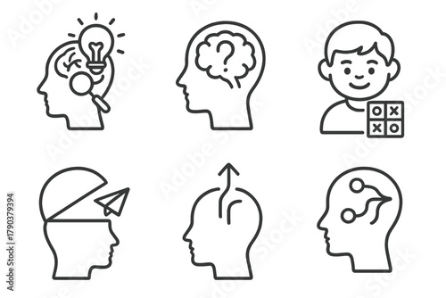 Curiosity Icons. Line style icons of curiosity and exploration: exploring brain lightbulb, question mark in brain, learning