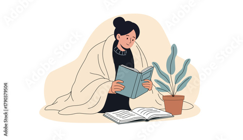 Cozy Reading Woman Under Blanket Self Care Hygge Lifestyle Vector