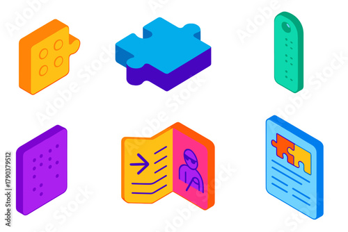 Tactile Puzzle Illustrations. Isometric vector illustration set Puzzle pieces – braille tile, raised dot cell, rounded tab;