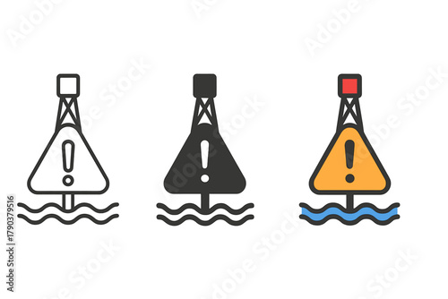 Warning Buoy Variations. Minimalist warning buoy icon: three identical navigation buoys in a row, first in line style with thin