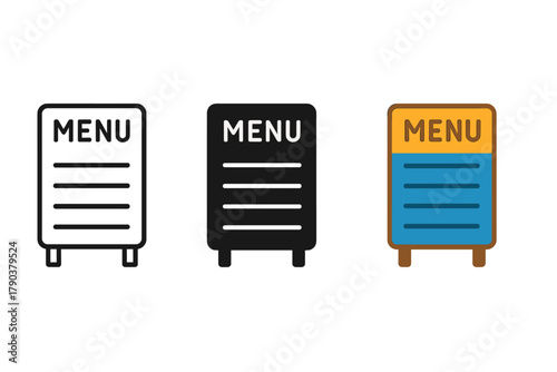 Minimalist Menu Icons. Minimalist menu board icon: three identical food truck menu board icons in a row, first in line style with
