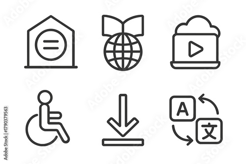 OER Accessibility Icons. Line style icons of equity and access in OER: equal access icon, global learning symbol, internet for