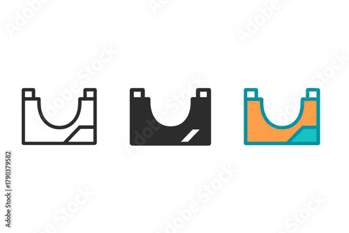 Minimalist Skatepark Icon. Minimalist skatepark icon: three identical skatepark layouts in a row, first in line style with thin