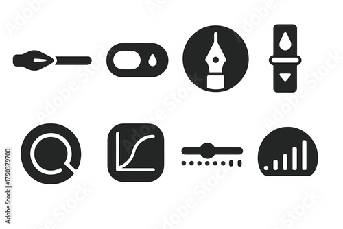 Ink Parameter Icons. Solid style icons of customizable ink parameters: thickness slider, detail toggle icon, symmetry dial badge.