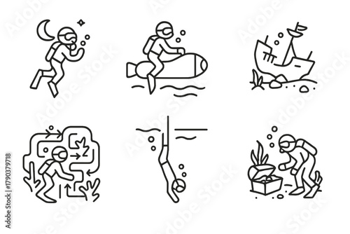 Adventure Dive Icons. Line style icons of adventure packages: night diving icon, underwater scooter ride, shipwreck tour, reef