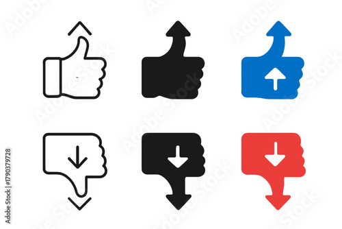 Thumbs Up and Down Icons. Linear minimalistic like arrow icon: thumb up with upward arrow outline, uniform line thickness, no fill