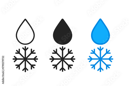 Precipitation Icons Variety. Minimalist precipitation icon: three identical raindrop and snowflake icons in a row, first in line