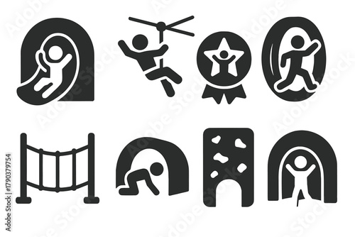 Adventure Park Icons. Solid style icons of tunnel adventure parks: underground slide glyph, zipline icon, thrill badge. Tunnel