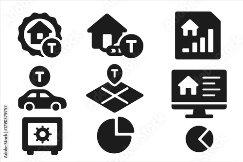 Solid Asset DAO Icons. Solid style icons of real-world asset DAOs: real estate token badge, physical asset on chain, fractional