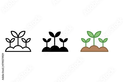 Minimalist Plant Icons. Minimalist plant row icon: three identical planted rows icons in a row, first in line style with thin
