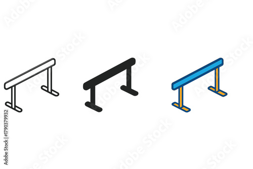 Minimalist Grind Rail Variations. Minimalist grind rail icon: three identical grind rails in a row, first in line style with thin