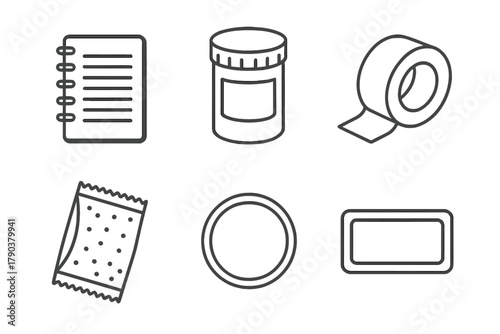 Cache Maintenance Icons. Line style icons of Cache Maintenance Supplies: replacement logbook, spare container, duct tape,