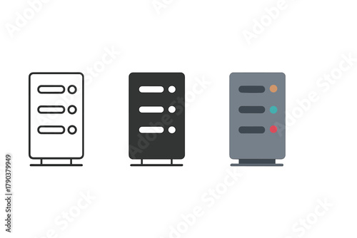 Minimalist Server Trio. Minimalist server icon: three identical server towers with indicator lights in a row, first in line style